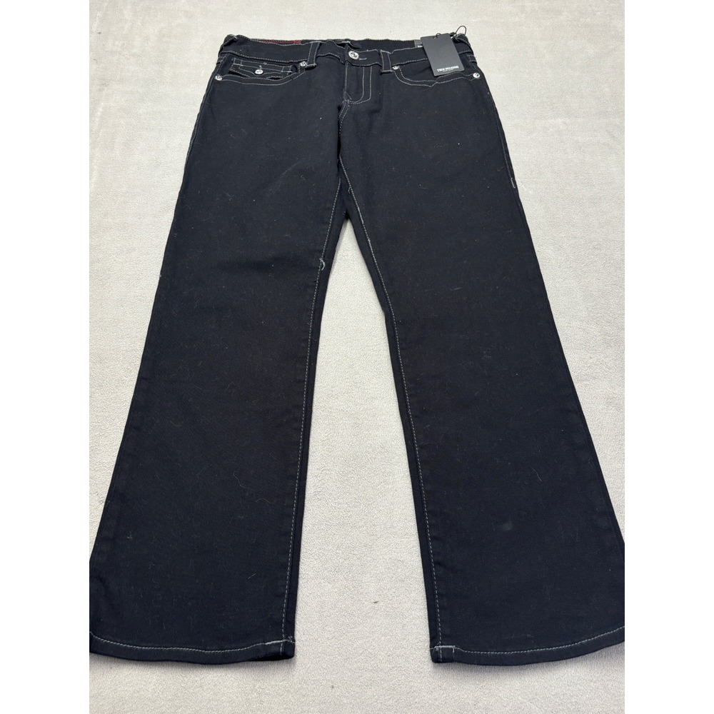 NEW True Religion Ricky Relaxed Straight Black Contrast Stitch Jeans 32x32
